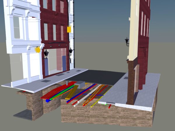 road peeling away on 3d model to show utilities underneath