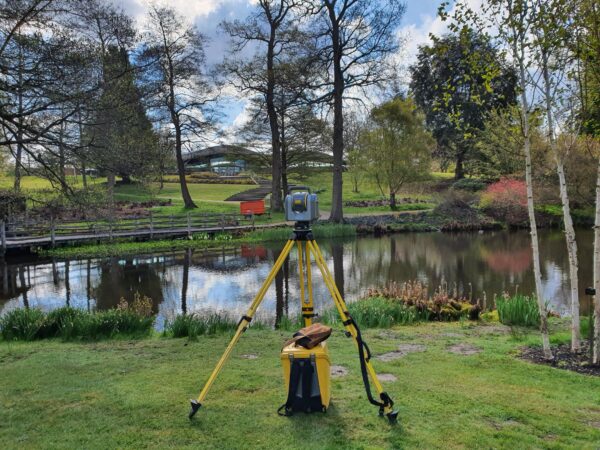 trimble sx10 next to a pond at savill gardens in windsor