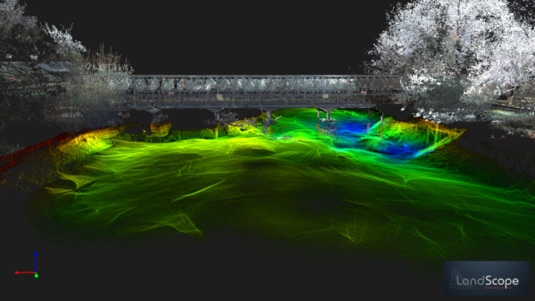 Bridge scour survey point cloud showing submerged supports and riverbed erosion