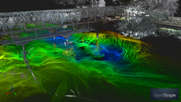 Bridge scour survey point cloud showing submerged supports and riverbed erosion