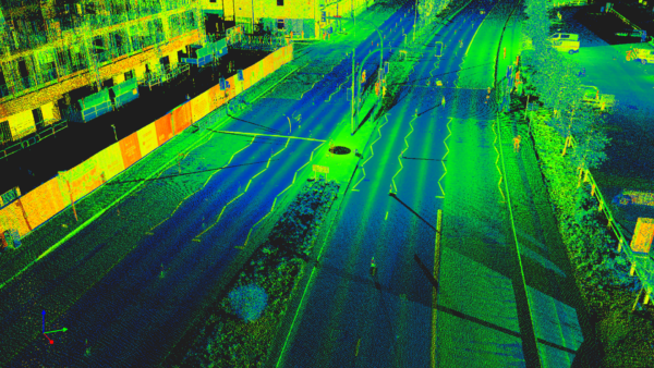 Point cloud of a four-lane dual carriageway with underground utilities identified using GPR and EML.
