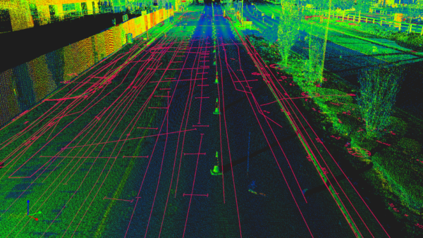 Point cloud of a four-lane dual carriageway with underground utilities identified using GPR and EML.