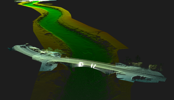 Integrated point cloud from a 10km river survey showing the river channel, banks and bridge structure