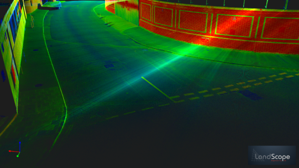 High-density mobile mapping point cloud showing a busy London highway corridor surveyed without traffic management.